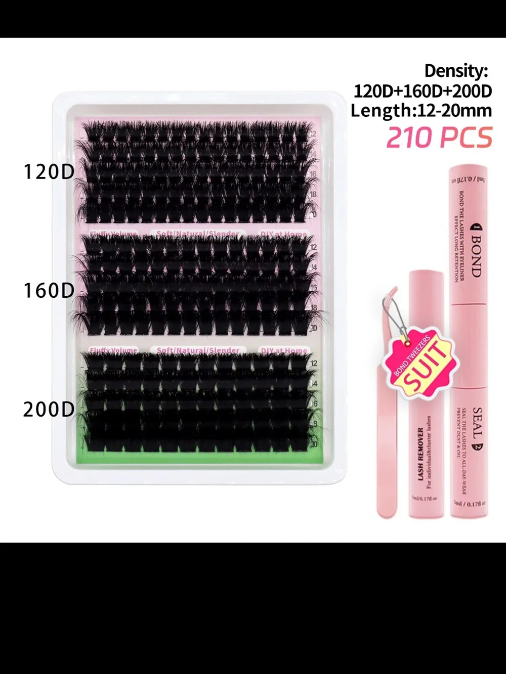 3D Fluffy Cluster Lash Set with Pink Adhesive & Applicator - Black